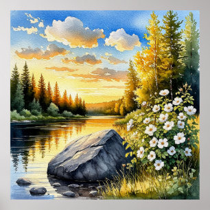 Tranquil Lakeside Landscape At Sunset Poster