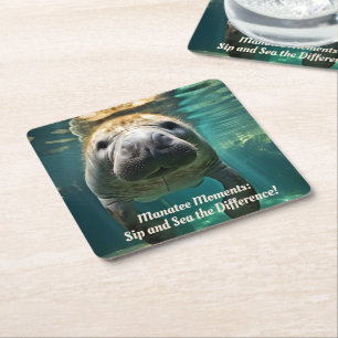 Tranquil Manatee Embrace: Customisable Hug Hub Square Paper Coaster