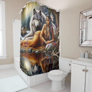 Tranquil moment: Indian woman and wolf Shower Curtain