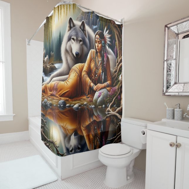 Tranquil moment: Indian woman and wolf Shower Curtain (In Situ)