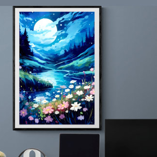Tranquil moon night floral stream landscape | Ai Poster