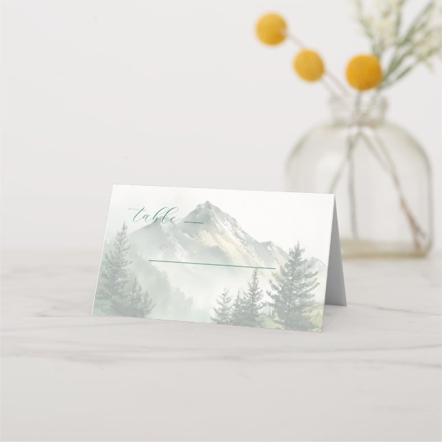 Tranquil Muted Watercolor Mountain Landscape Place Card (Front)