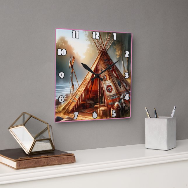 Tranquil native Indian teepee by a serene river Square Wall Clock (Office)