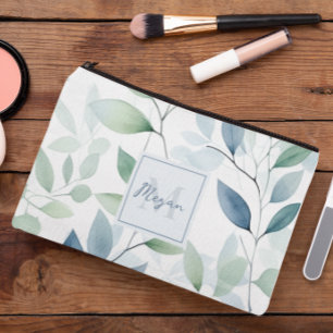 Tranquil Oasis Watercolor Leaves Monogram & Name Accessory Pouch