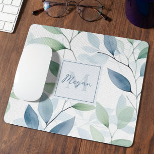 Tranquil Oasis Watercolor Leaves Monogram & Name Mouse Pad