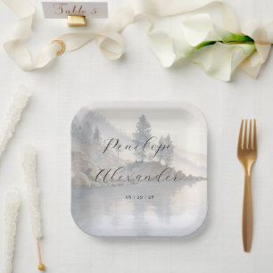 Tranquil Pale Watercolor Lakeside Scene Paper Plate