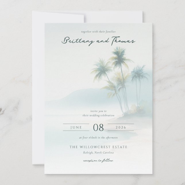 Tranquil Pastel Watercolor Palm Trees Invitation (Front)