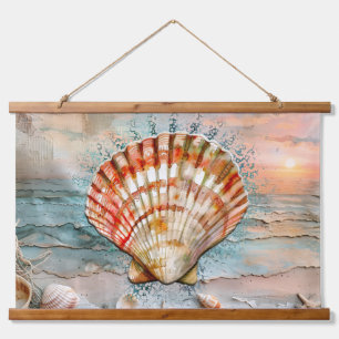 Tranquil Peach and Orange Seashell Watercolor Hanging Tapestry
