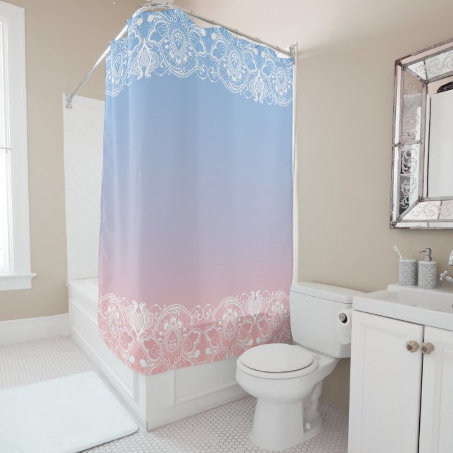 Tranquil Pink To Blue Gradient & White Lace Shower Curtain (In Situ)