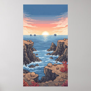 Tranquil pixelated sunrise over ocean with rocky  poster
