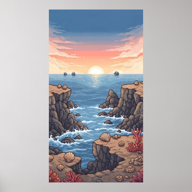 Tranquil pixelated sunrise over ocean with rocky  poster (Front)