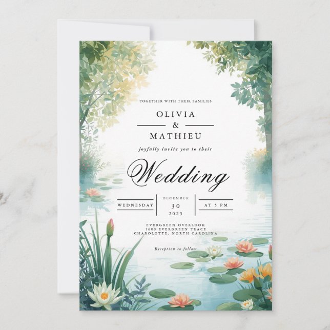 Tranquil Pond Floral Wedding Invitation (Front)