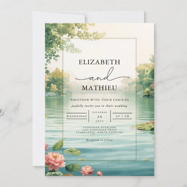 Tranquil Pond Floral Wedding Invitation (Front)