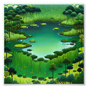 Tranquil Pond with Tree Frogs - Forest Landscape Photo Print
