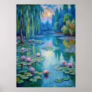 Tranquil Pond with Water Lilies at Dusk Poster