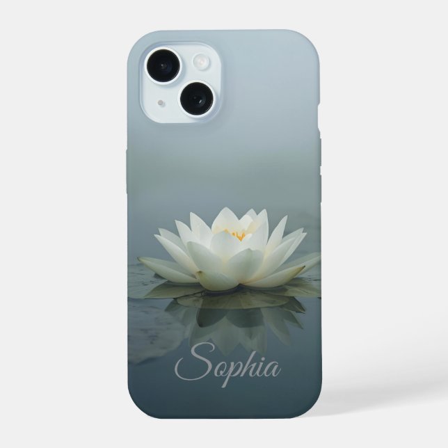 Tranquil Reverie – White Water Lily in Morning Mis iPhone 15 Case (Back)