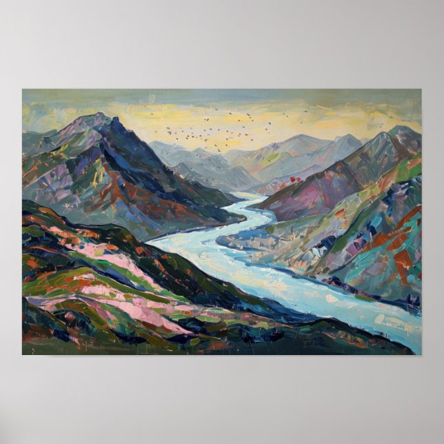 Tranquil River, Mountain Hues Illustration Retro  Poster (Front)