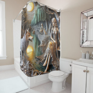 Tranquil river night with an Indian and wolf Shower Curtain
