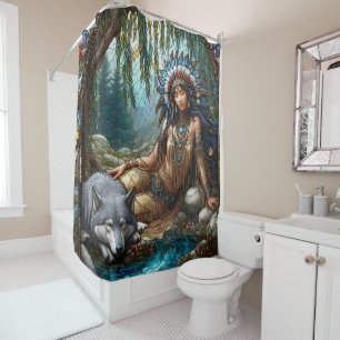 Tranquil river scene with Native and wolf Shower Curtain