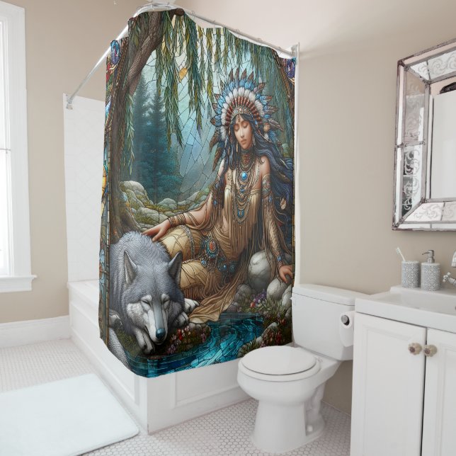 Tranquil river scene with Native and wolf Shower Curtain (In Situ)