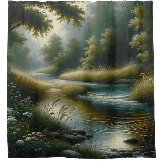 “Tranquil River Through Lush Forest” Shower Curtain (Front)
