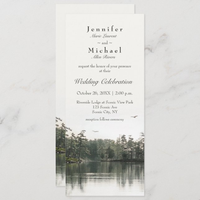 tranquil rustic lake evergreens reflection slender invitation (Front/Back)