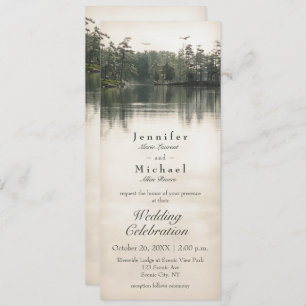 tranquil rustic lake evergreens reflection slender invitation