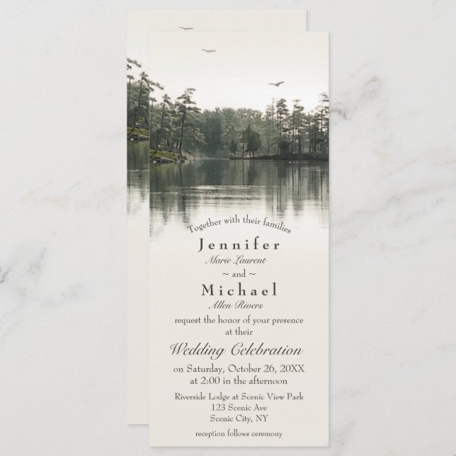 tranquil rustic lake evergreens reflection slender invitation (Front/Back)