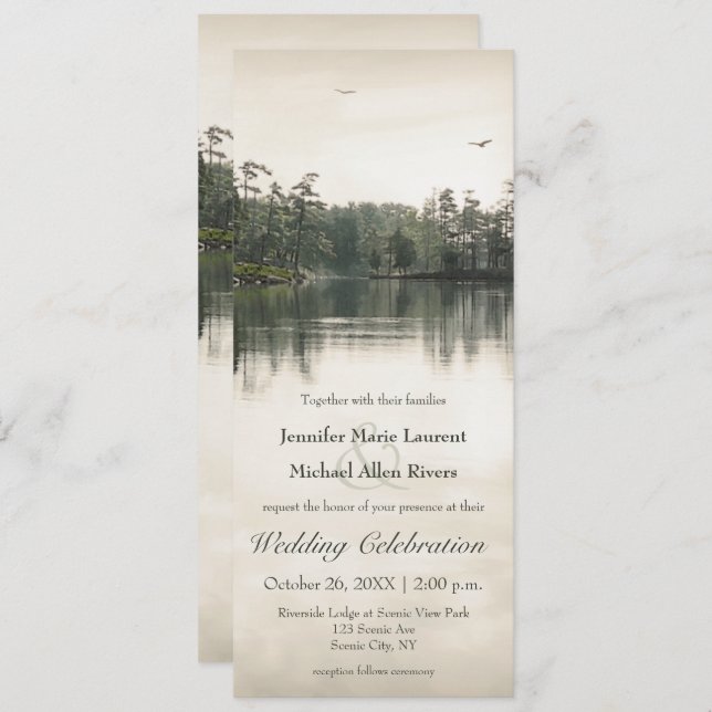 tranquil rustic lake reflection slender wedding invitation (Front/Back)
