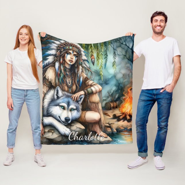 Tranquil scene: Native and wolf by water Fleece Blanket (In Situ)