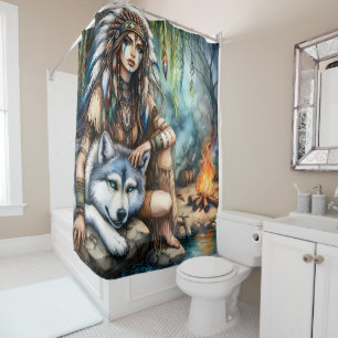 Tranquil scene: Native and wolf by water Shower Curtain