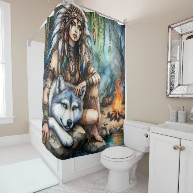 Tranquil scene: Native and wolf by water Shower Curtain (In Situ)