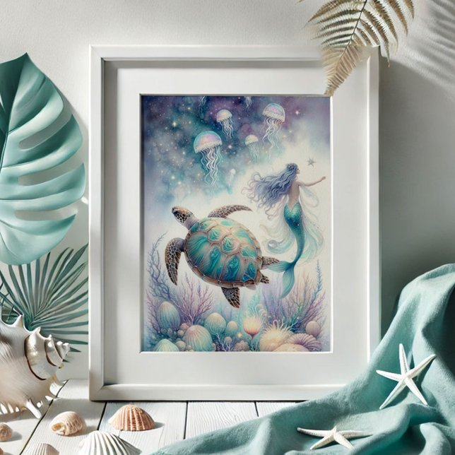 Tranquil Sea Turtle & Mermaid Wall Art (beach pictures mermaid and sea turtle drawing by Do Tell A Belle. Shop)