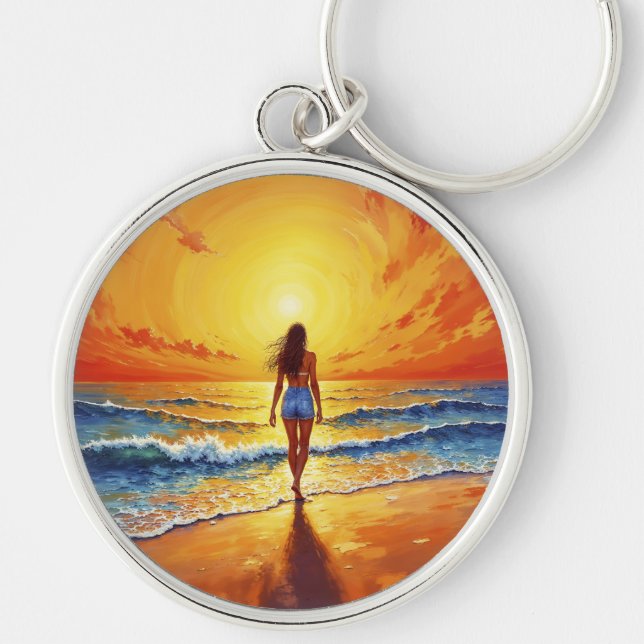 Tranquil shore walk sunset ocean bright art key ring (Front)
