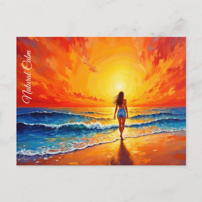 Tranquil shore walk sunset ocean bright art postcard (Front)