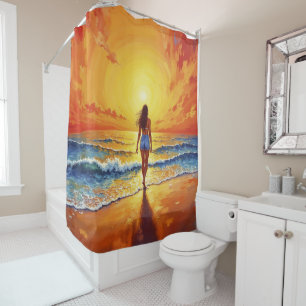 Tranquil shore walk sunset ocean bright art shower curtain