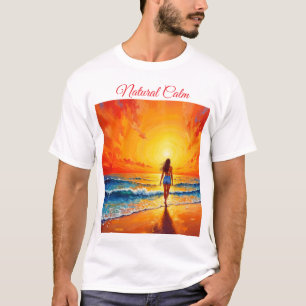 Tranquil shore walk sunset ocean bright art T-Shirt
