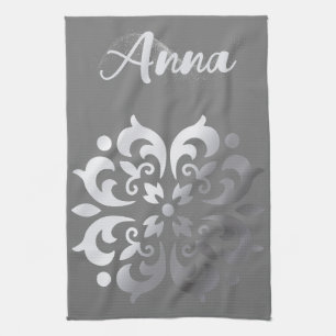 Tranquil Silver & Gray Monogram Tea Towel