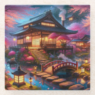 Tranquil Spring Evening in a Japanese Garden Glass Coaster