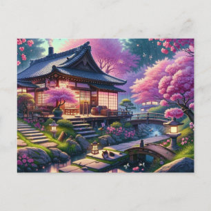 Tranquil Spring Evening in a Japanese Garden Postcard