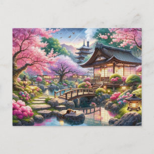 Tranquil Spring Evening in a Japanese Garden Postcard