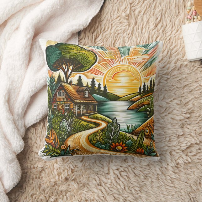 Tranquil sunrise over a countryside retreat cushion (Blanket)
