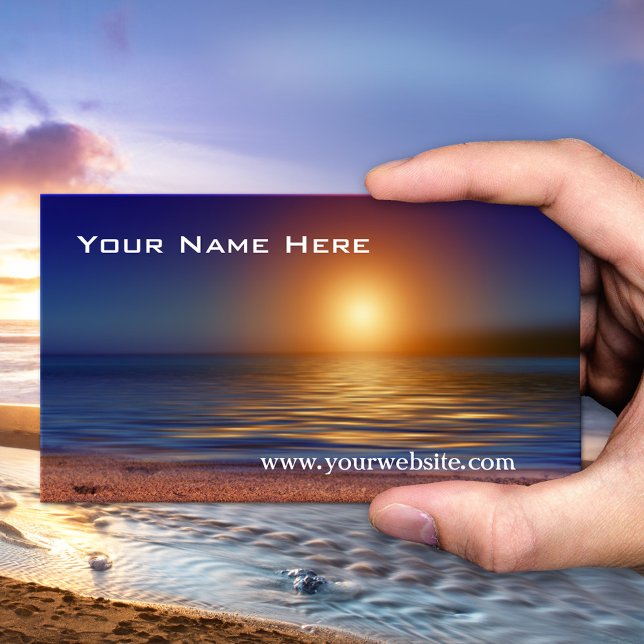 Tranquil Sunset Beach Business Card (Business card featuring a beautiful sunset at a calm and peaceful beach)