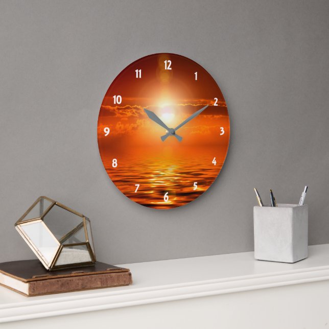 Tranquil Sunset Orange Golden Sky Over Sea Ocean Large Clock (Office)
