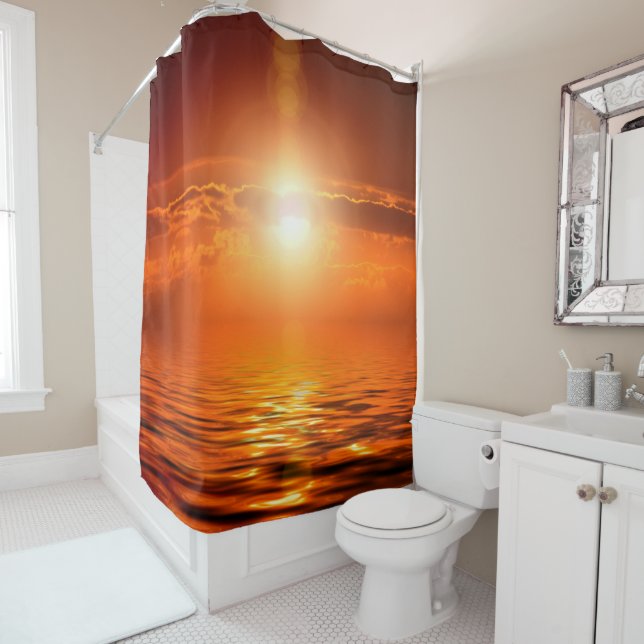 Tranquil Sunset Orange Golden Sky Over Sea Ocean Shower Curtain (In Situ)