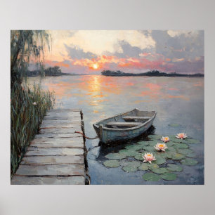 Tranquil Sunset Over Rowboat on a Lake Poster