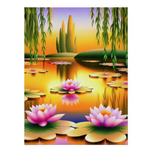Tranquil Sunset with Water Lilies Poster