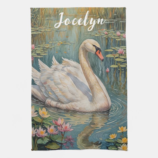 Tranquil Swan Serenade Tea Towel (Vertical)