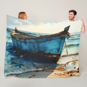 "Tranquil Tides". Colourful Relaxed Boat Seascape Fleece Blanket