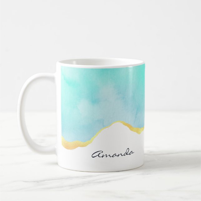 Tranquil Tropical Green Blue with Gold Border Coffee Mug (Left)